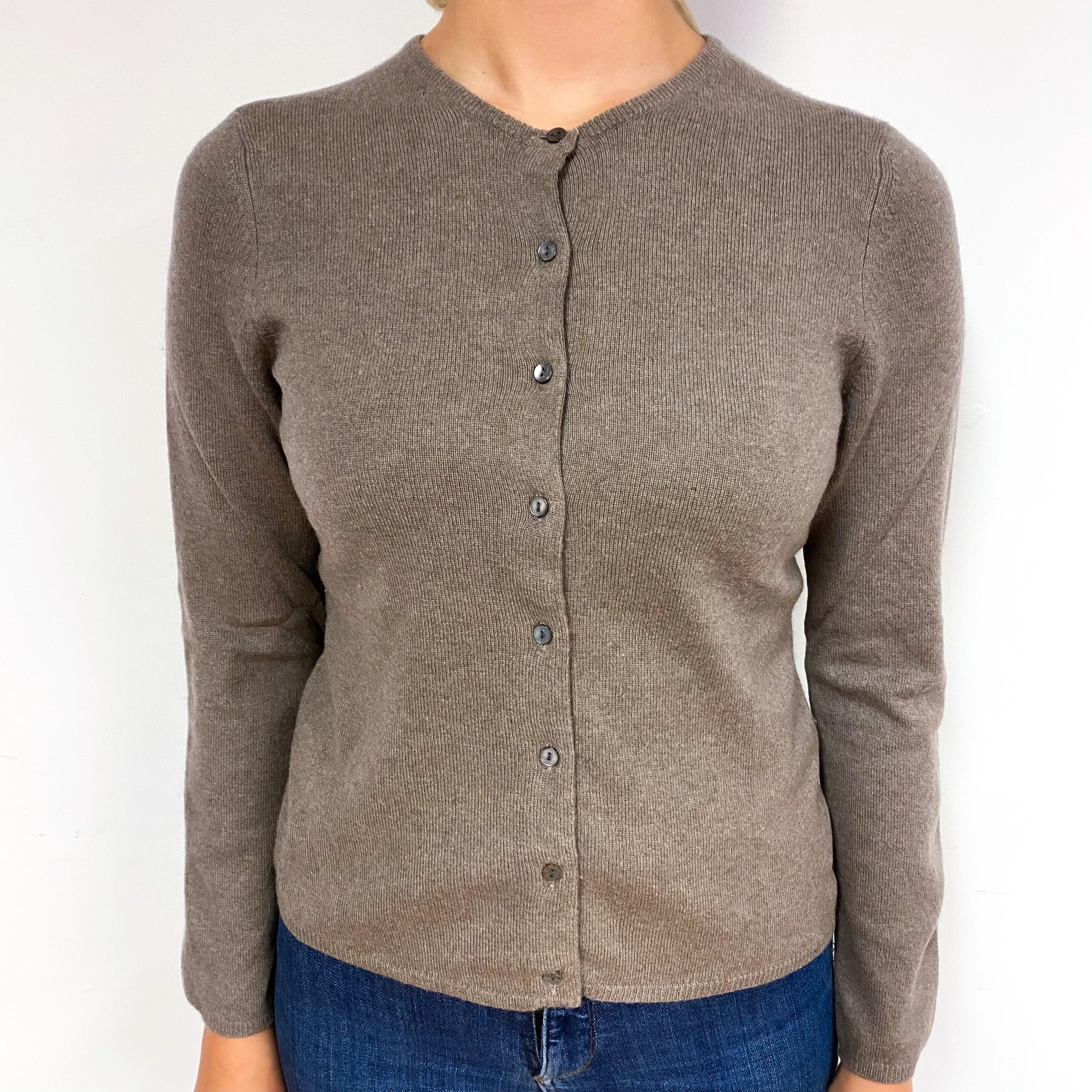 Mocha Brown Cashmere Crew Neck Cardigan Small/Petite