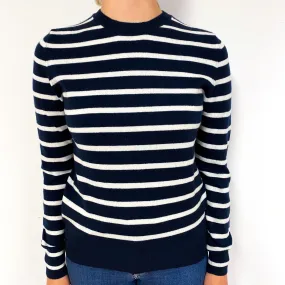 Navy Cream Stripe Cashmere Crew Neck Jumper Small