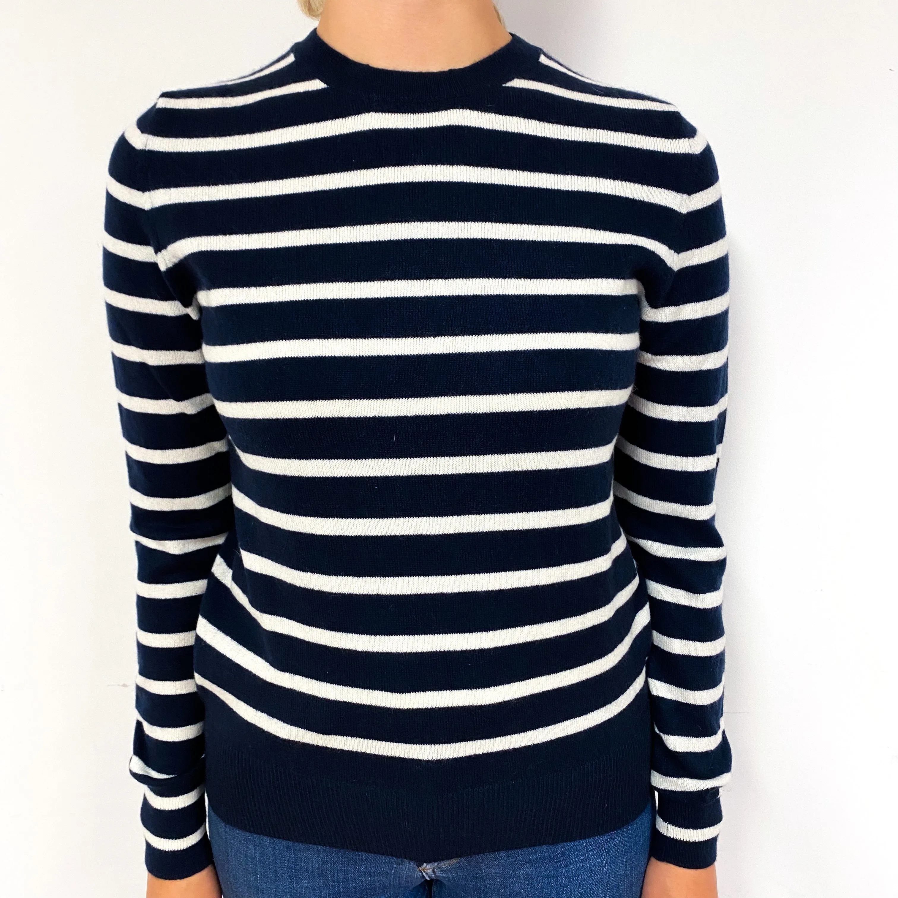 Navy Cream Stripe Cashmere Crew Neck Jumper Small
