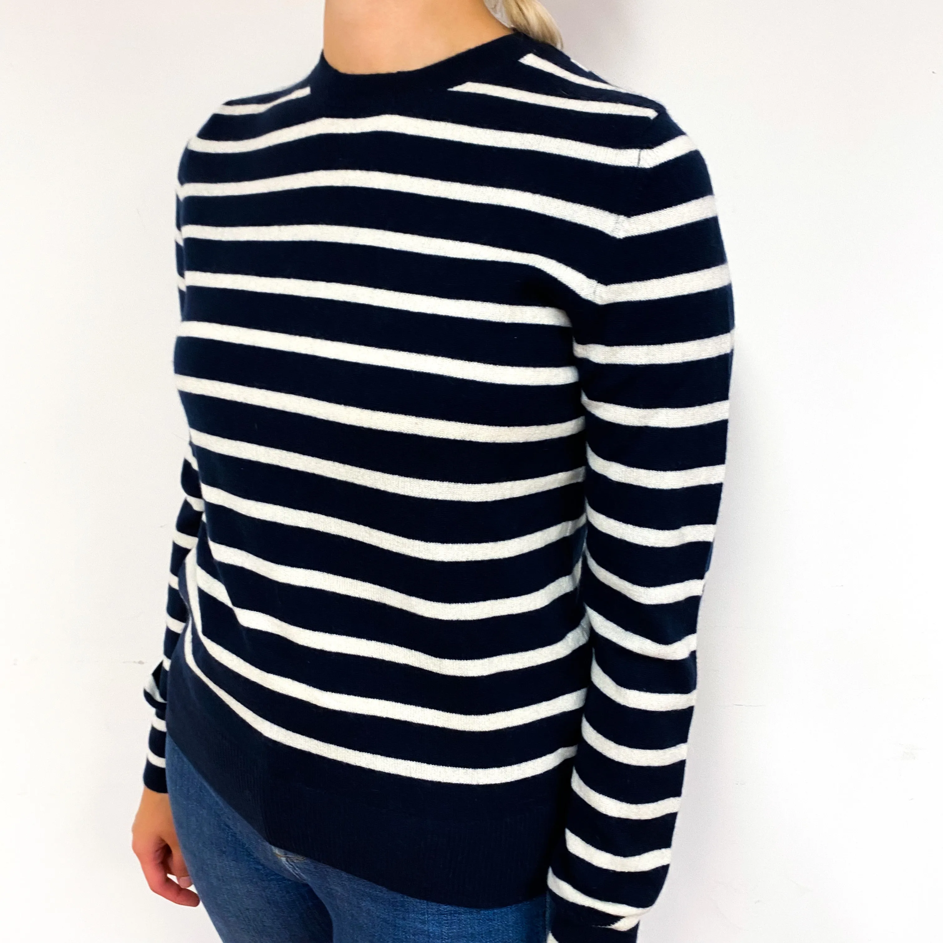 Navy Cream Stripe Cashmere Crew Neck Jumper Small