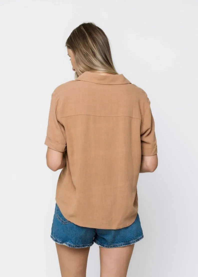 Nina-Roll Cuff Short Sleeve Shirt- Tan