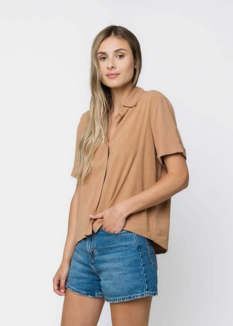 Nina-Roll Cuff Short Sleeve Shirt- Tan