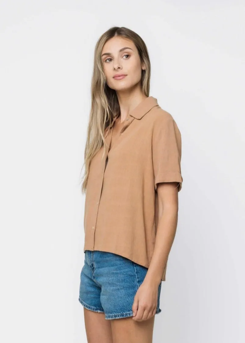 Nina-Roll Cuff Short Sleeve Shirt- Tan