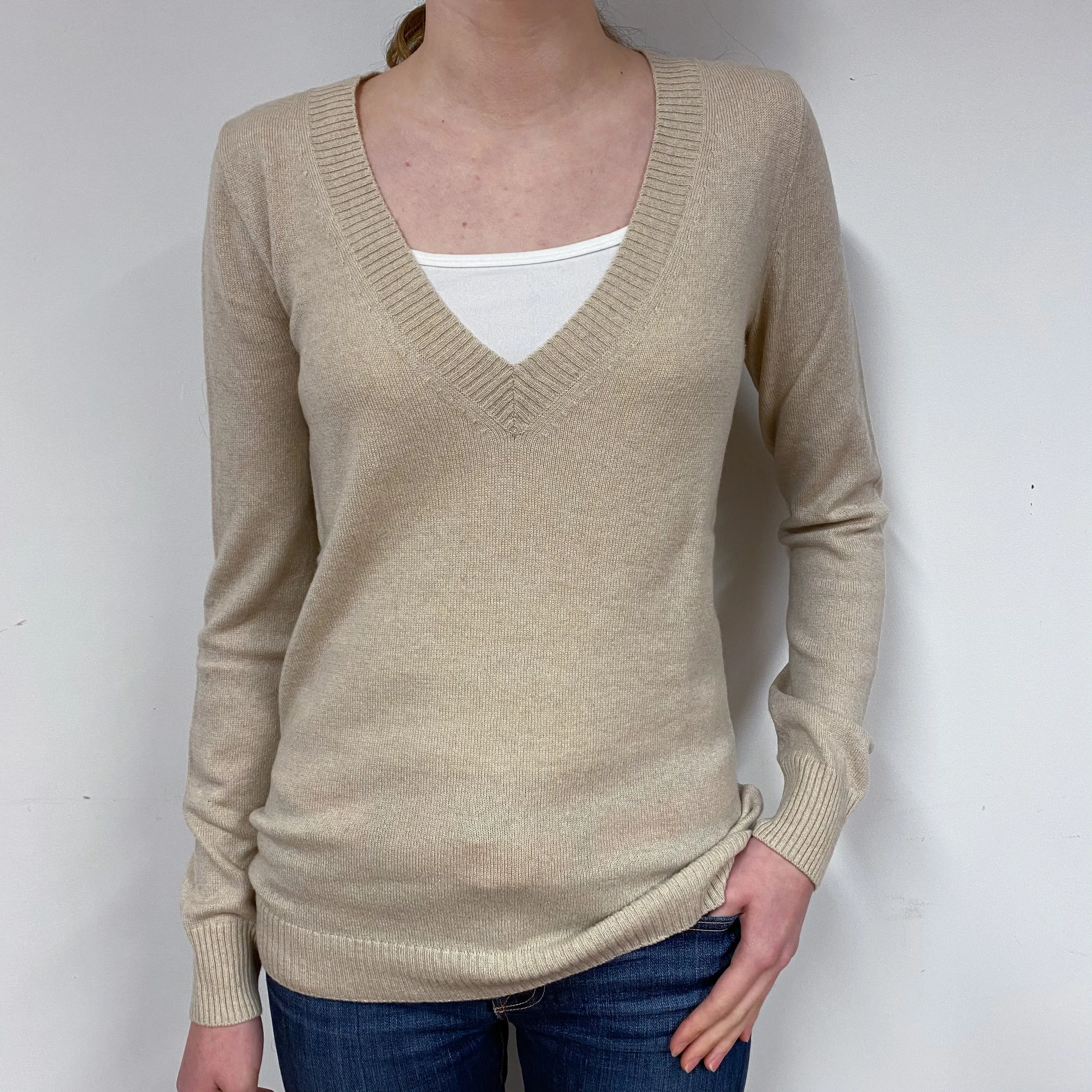 Oatmeal Longline Cashmere V-Neck Jumper Extra Small