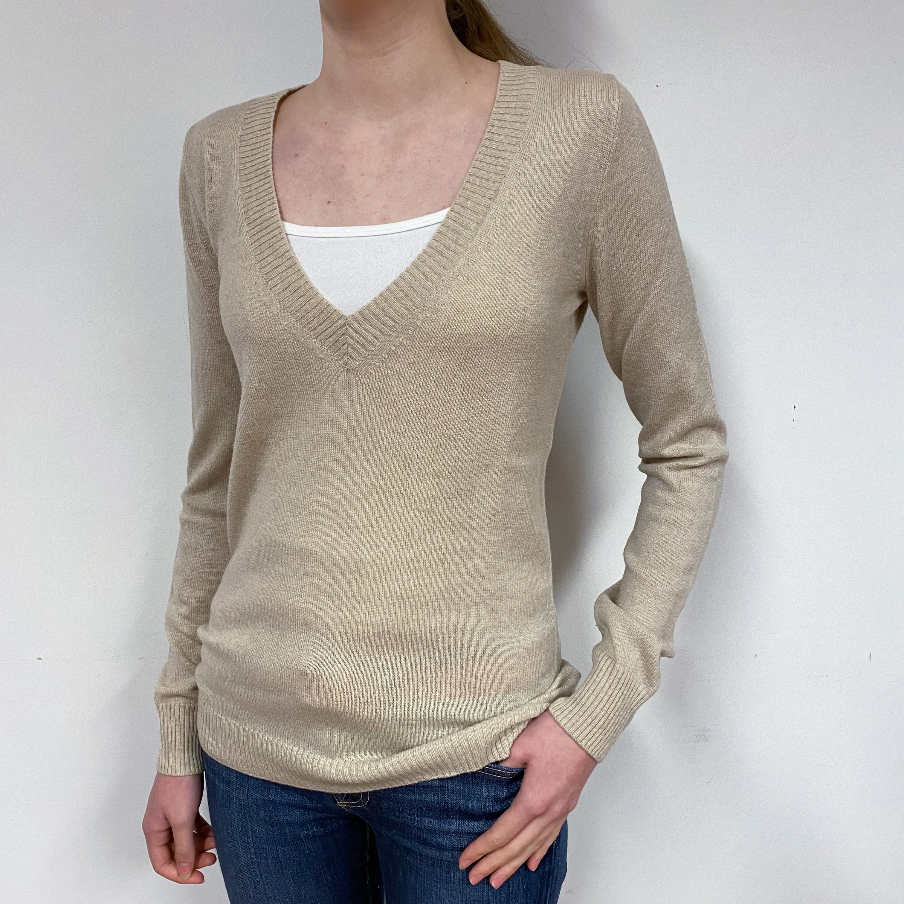 Oatmeal Longline Cashmere V-Neck Jumper Extra Small