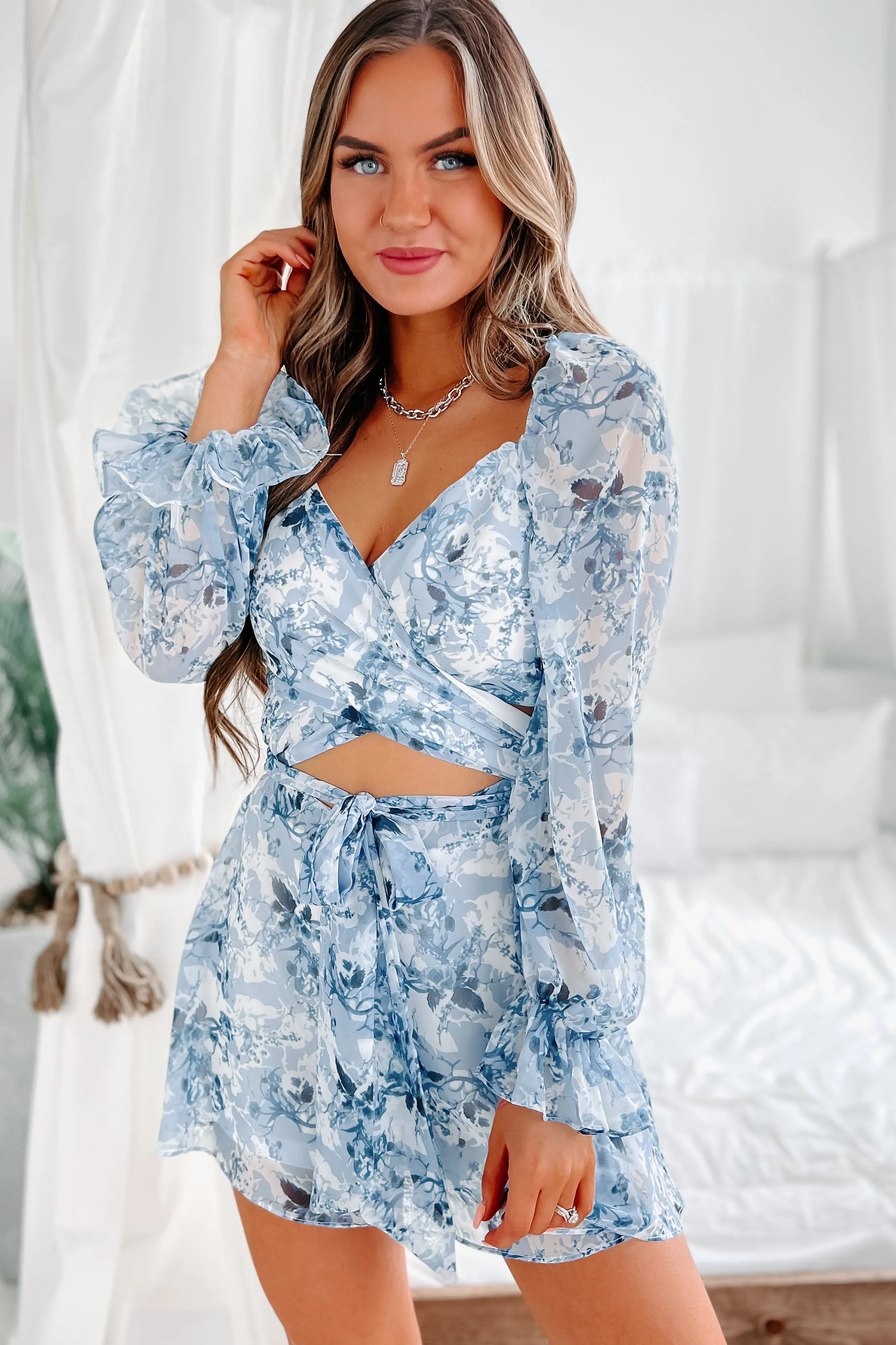 Only One I Want Floral Long Sleeve Cut-Out Romper (Blue)