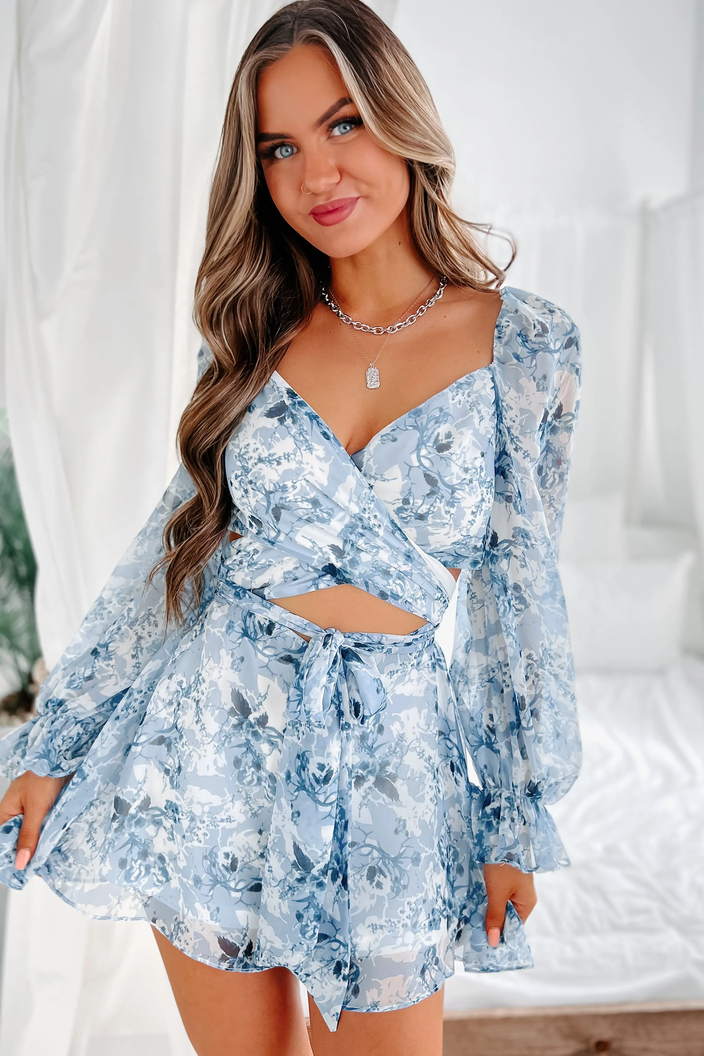 Only One I Want Floral Long Sleeve Cut-Out Romper (Blue)