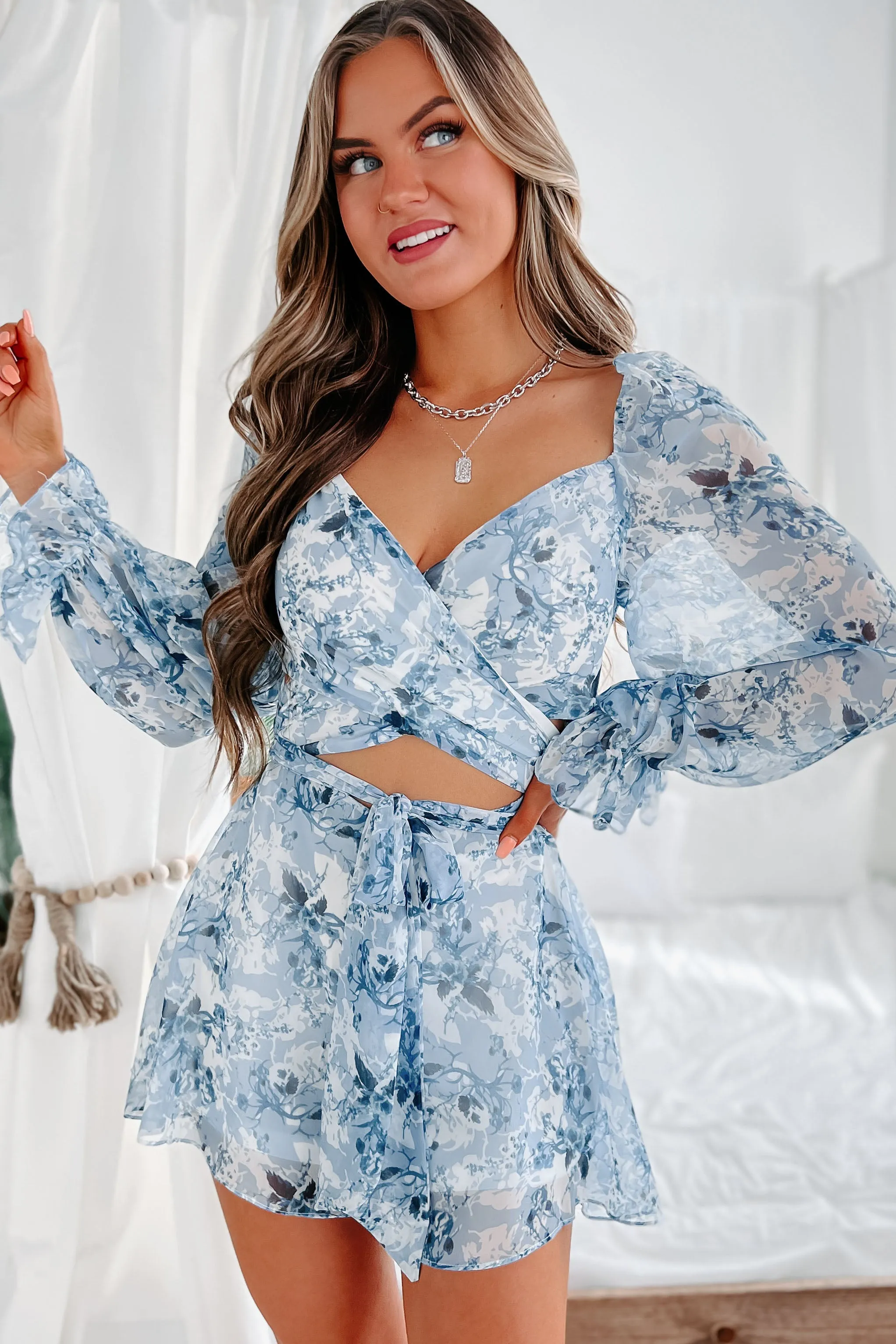 Only One I Want Floral Long Sleeve Cut-Out Romper (Blue)