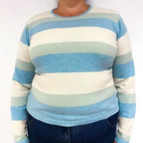 Pale Blue Green Stripe Cashmere Crew Neck Jumper Extra Large