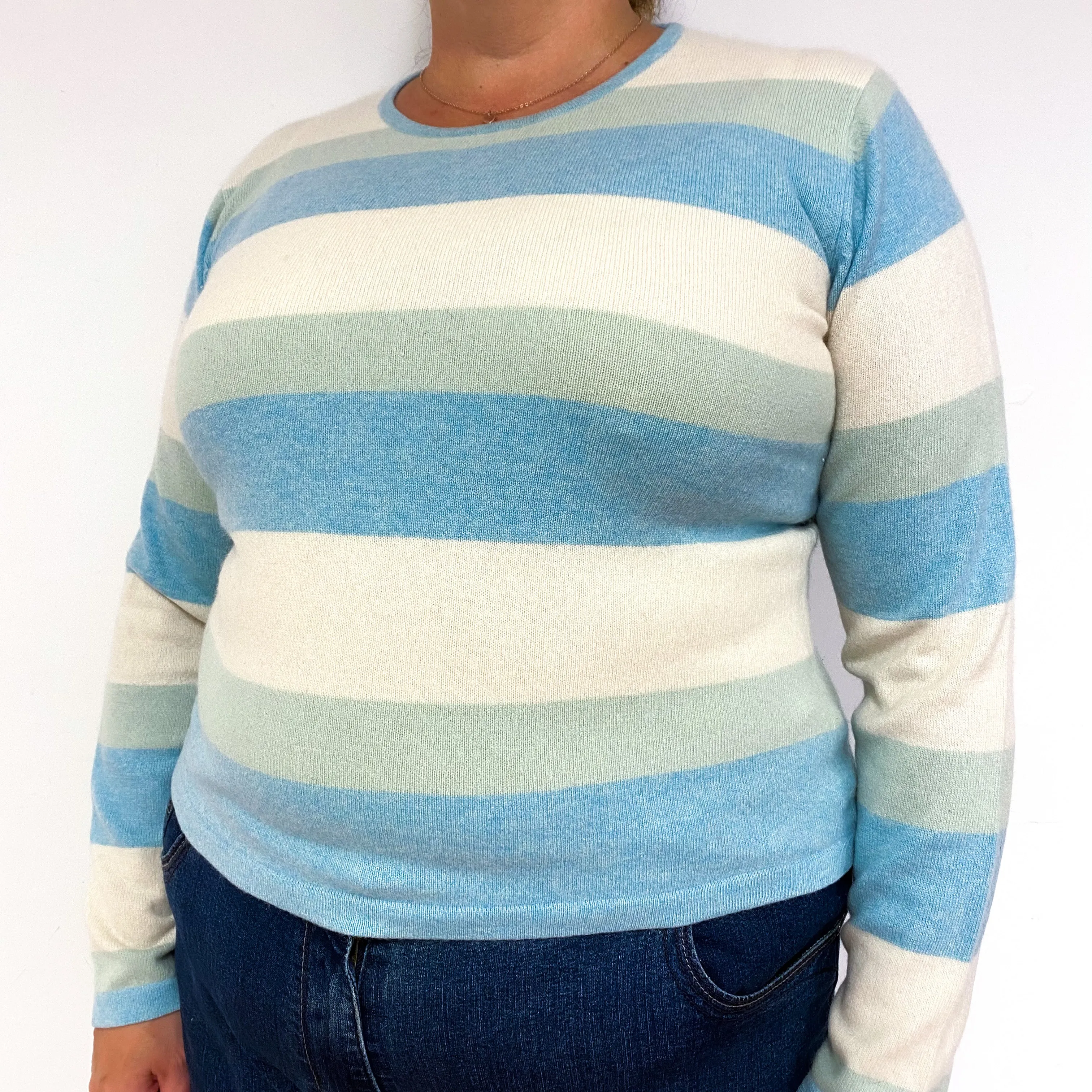 Pale Blue Green Stripe Cashmere Crew Neck Jumper Extra Large