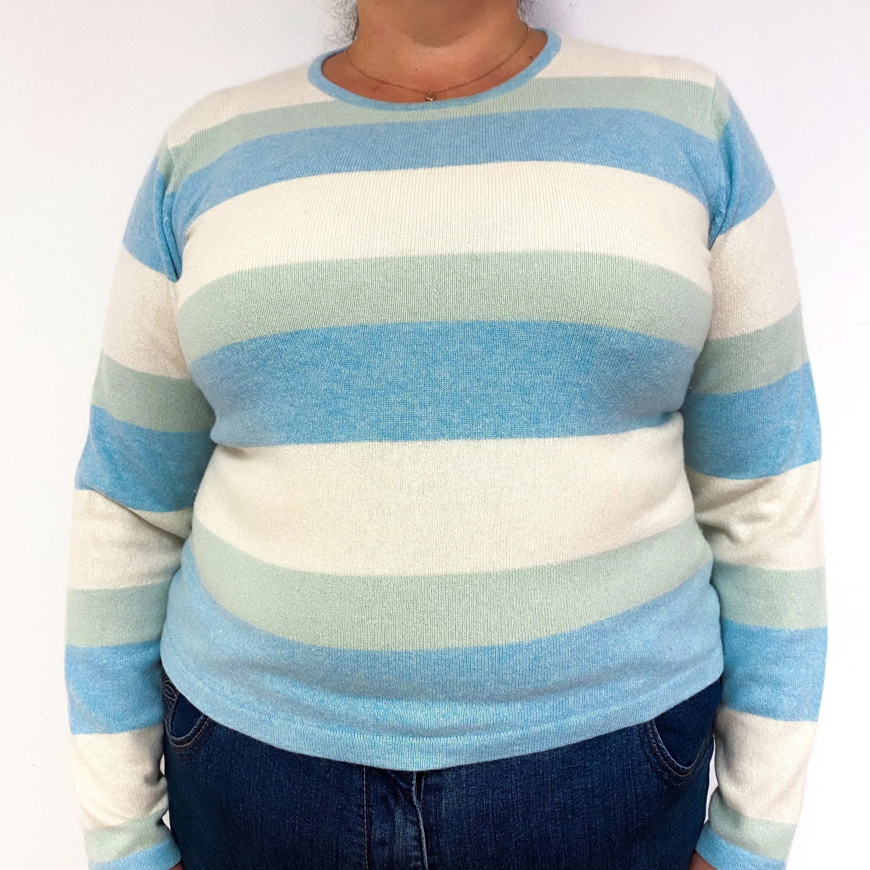 Pale Blue Green Stripe Cashmere Crew Neck Jumper Extra Large