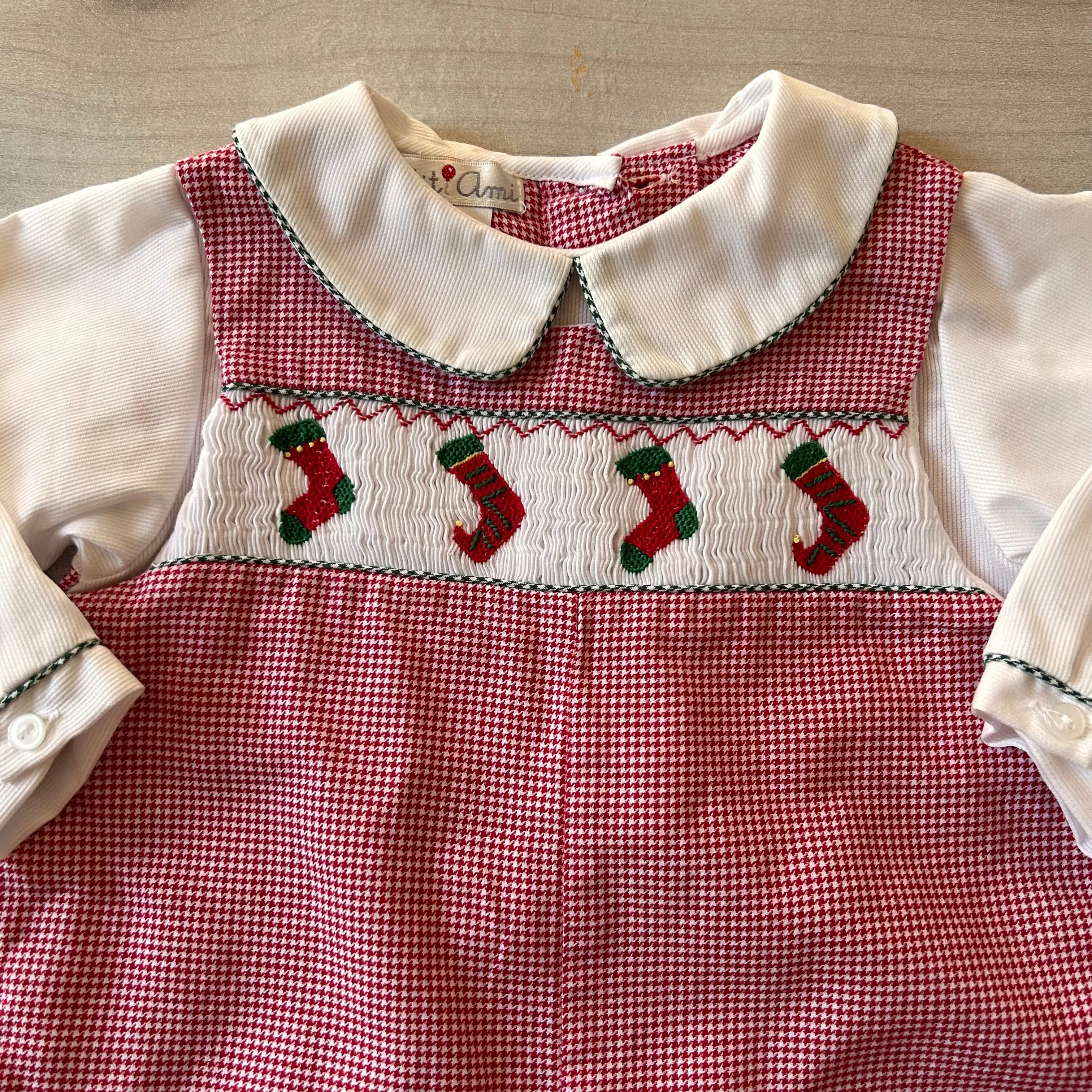 Petit Ami Red Stocking Smocked Romper