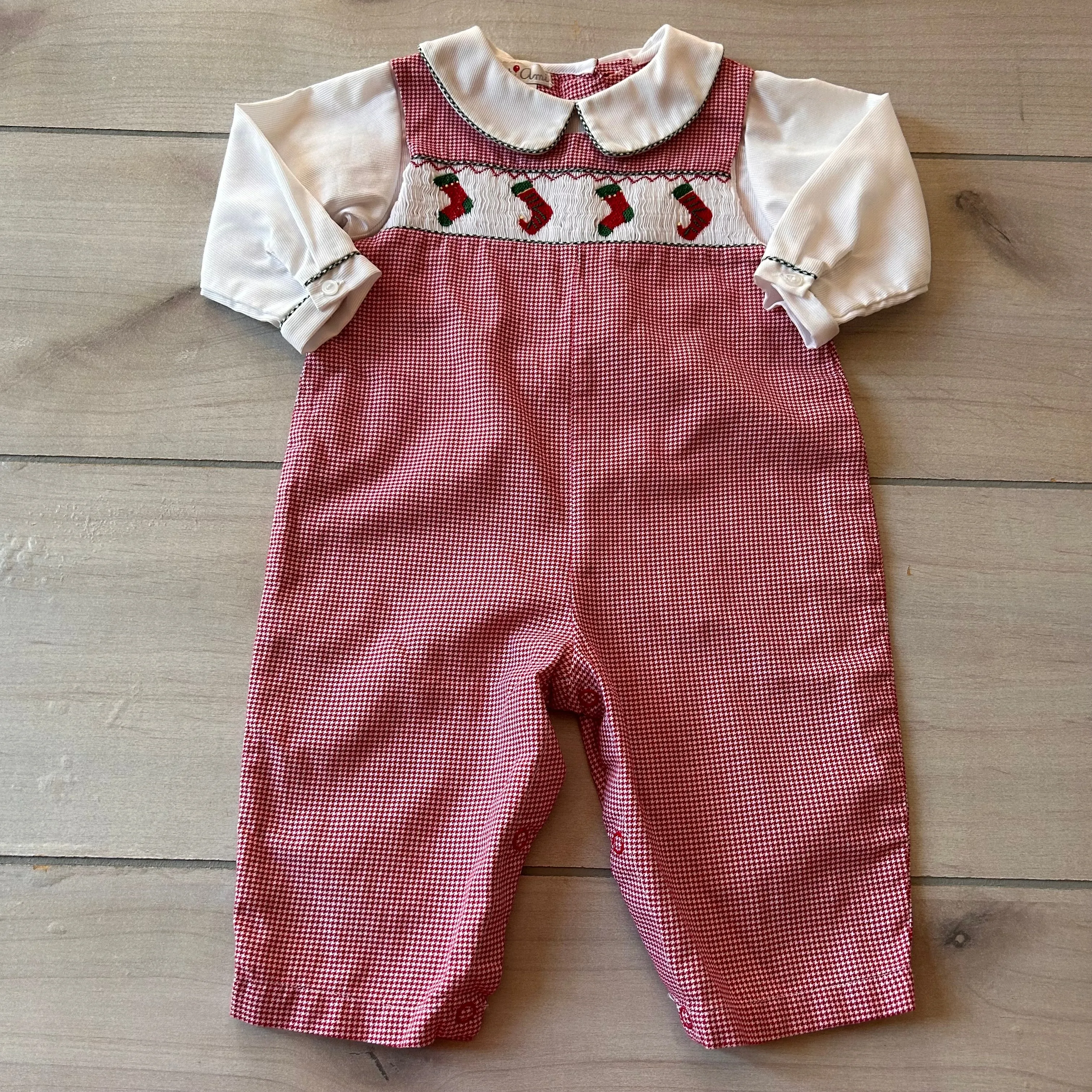 Petit Ami Red Stocking Smocked Romper