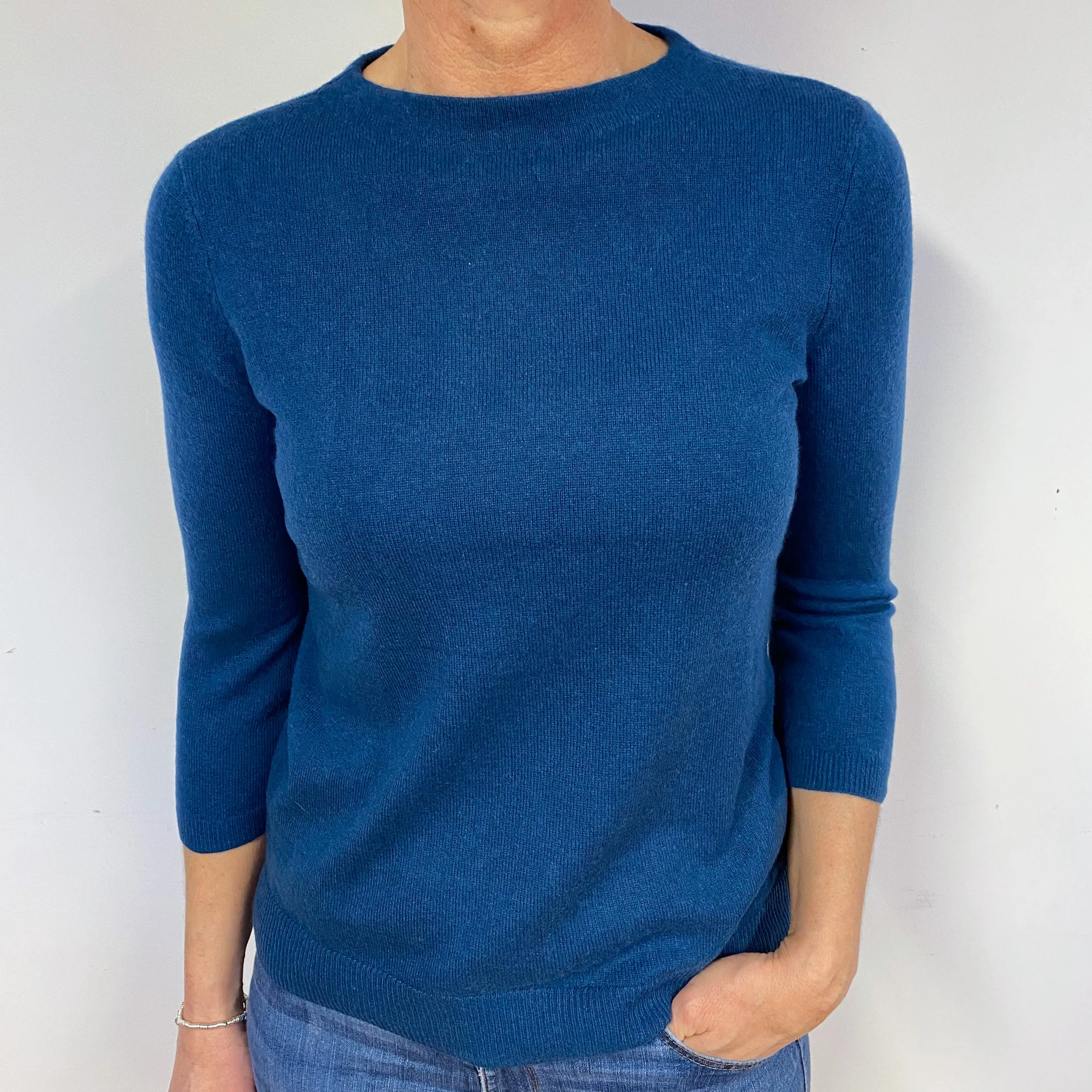 Petrol Blue 3/4 Sleeve Cashmere Crew Neck Jumper Medium