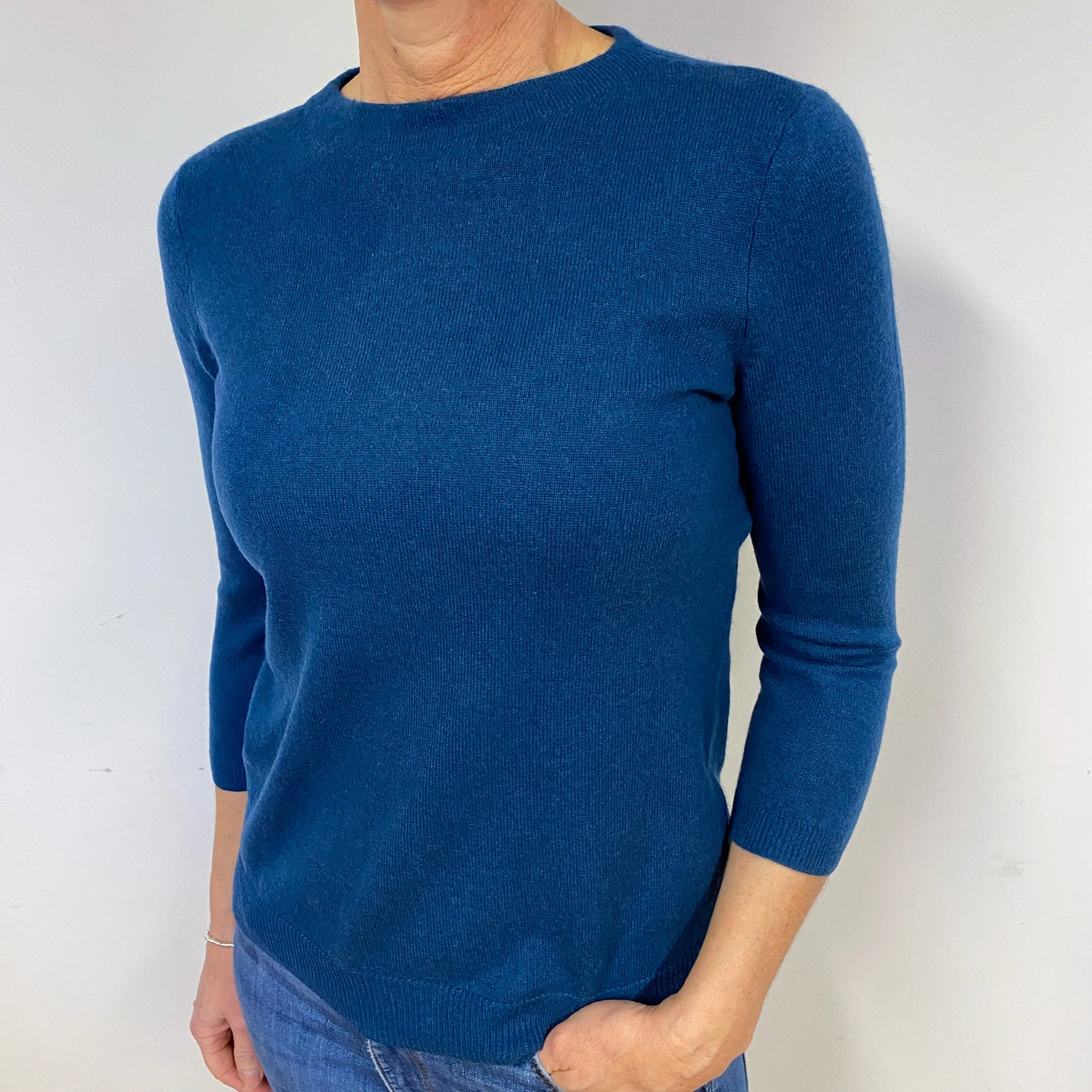 Petrol Blue 3/4 Sleeve Cashmere Crew Neck Jumper Medium