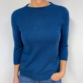 Petrol Blue 3/4 Sleeve Cashmere Crew Neck Jumper Medium