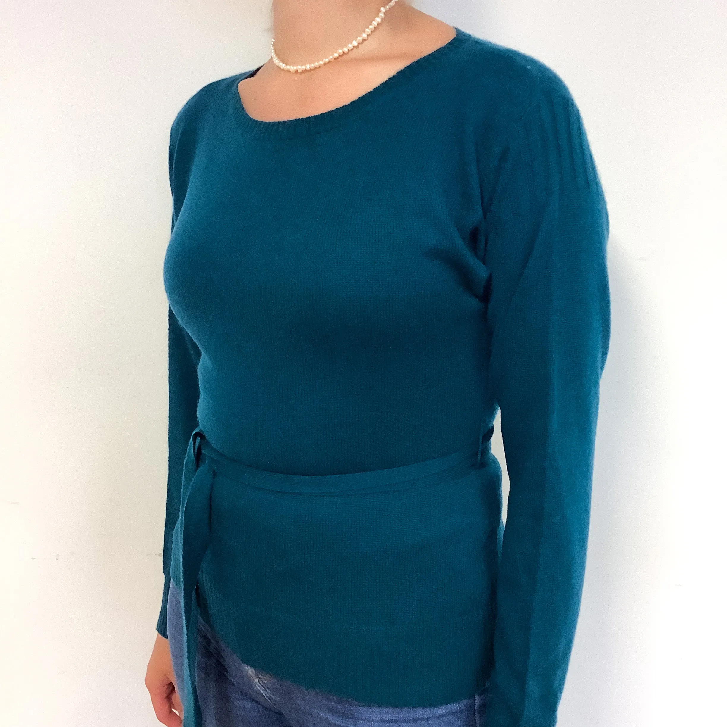 Petrol Blue Belted Cashmere Crew Neck Jumper Small