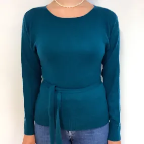 Petrol Blue Belted Cashmere Crew Neck Jumper Small
