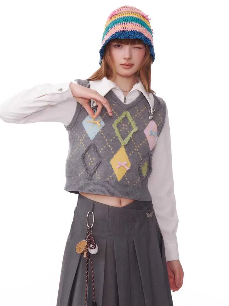 plaid V-neck knitted vest
