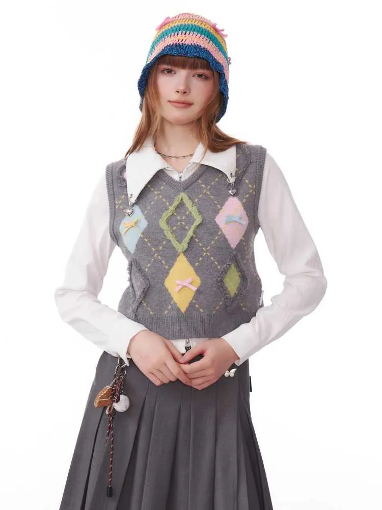 plaid V-neck knitted vest