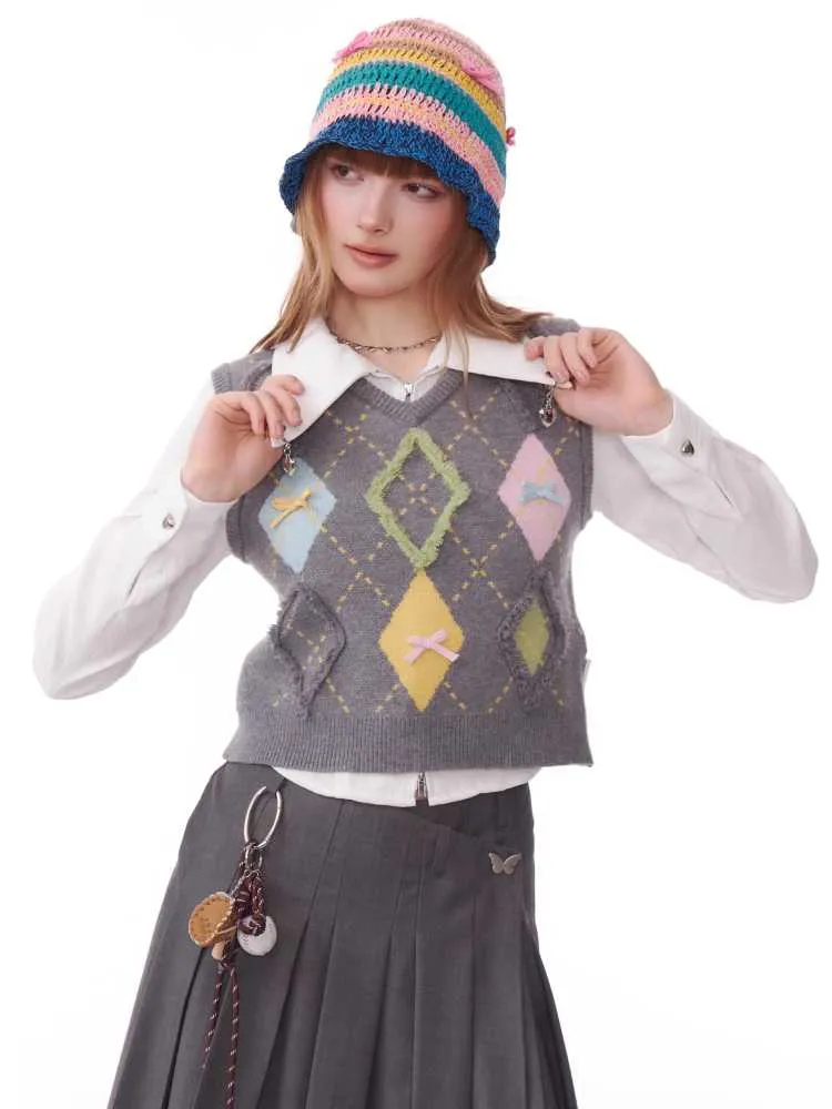 plaid V-neck knitted vest