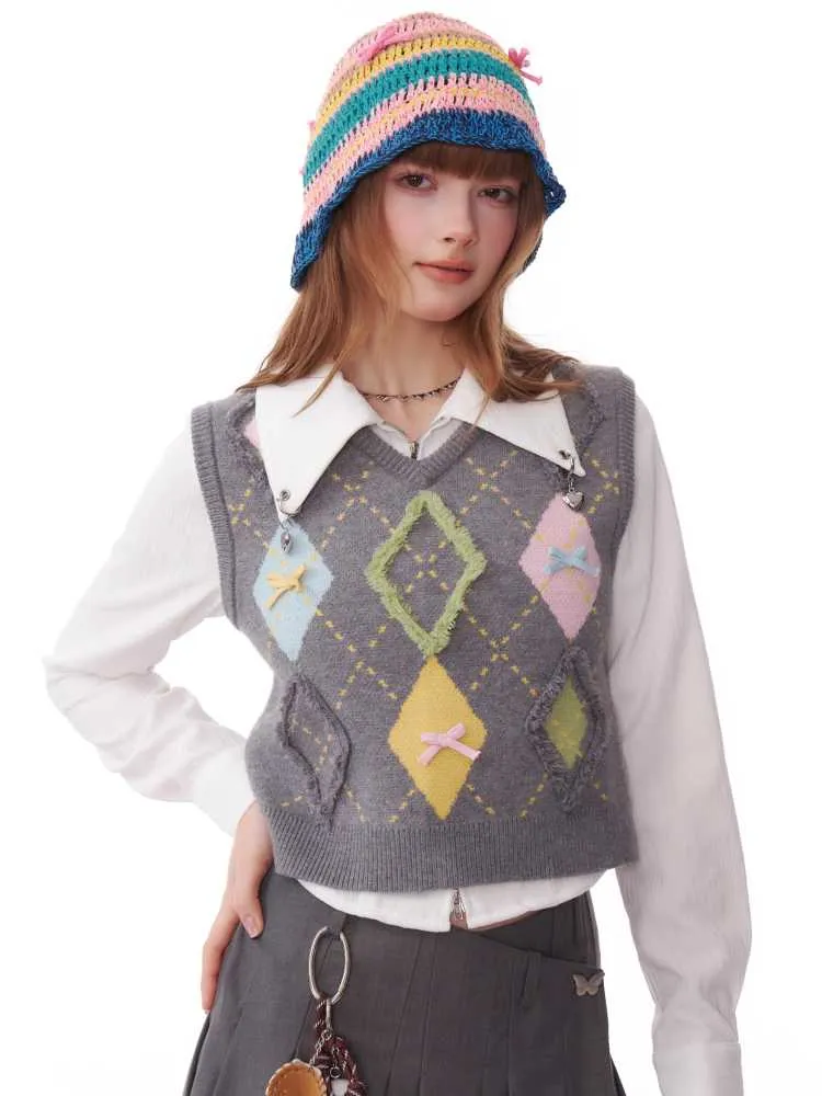 plaid V-neck knitted vest