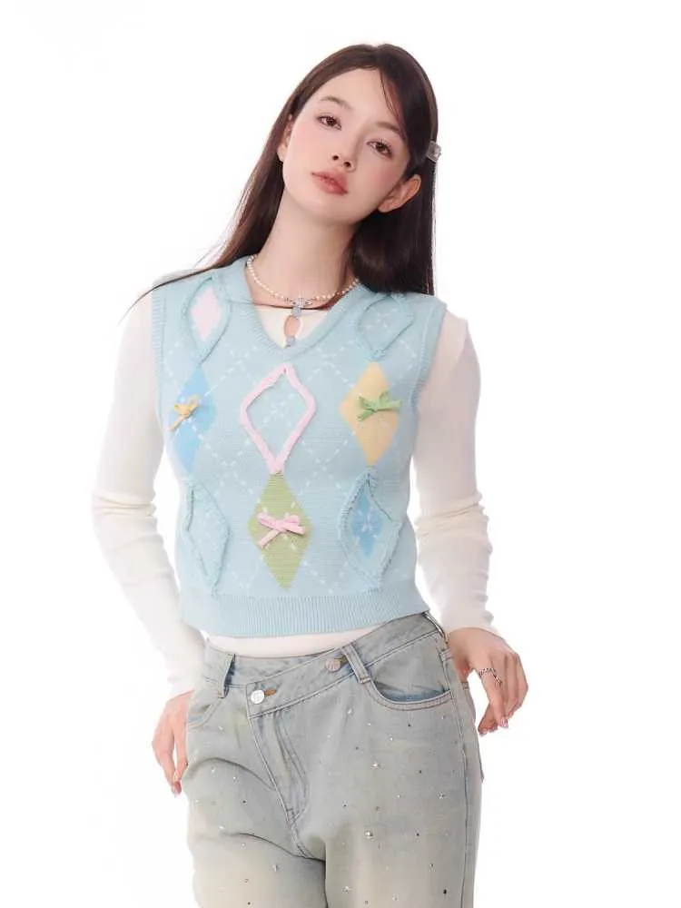 plaid V-neck knitted vest