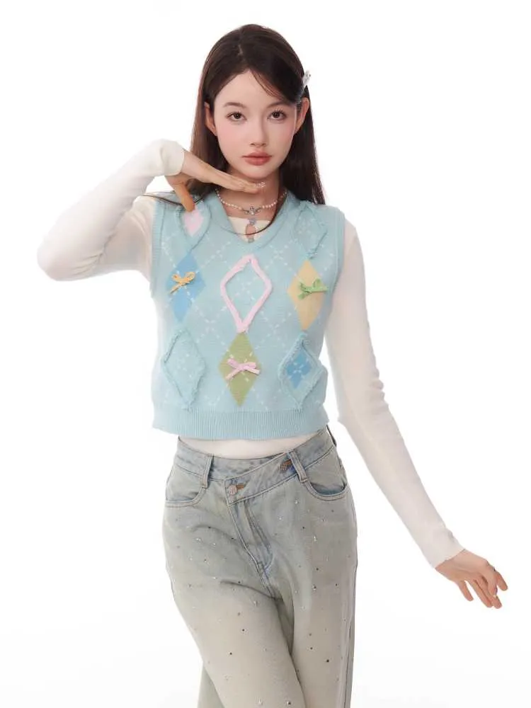plaid V-neck knitted vest