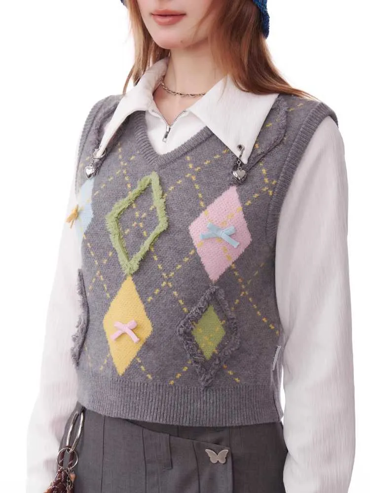 plaid V-neck knitted vest