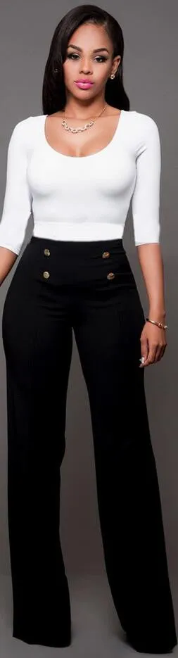 Pure Color High Waist Wide Leg Long Pants