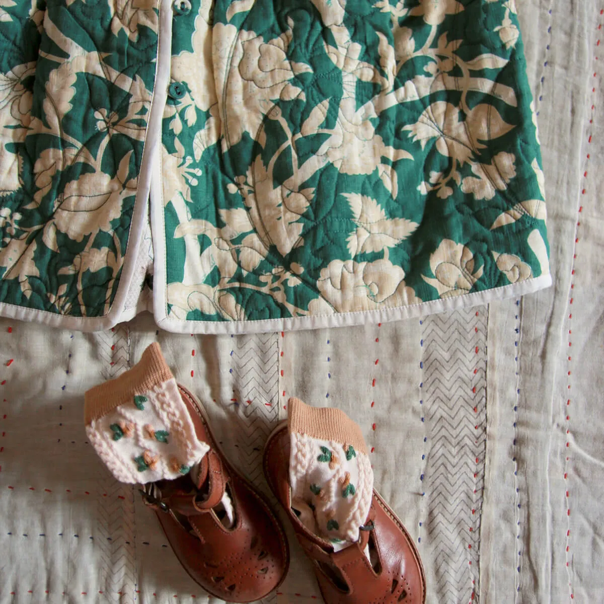 Quilted Dress Coat in Autumnal Green Flowers / Hazelnut by Bonjour