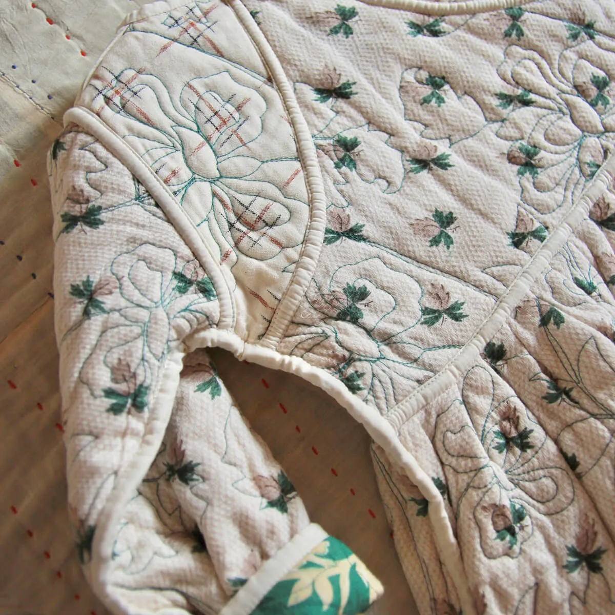 Quilted Dress Coat in Autumnal Green Flowers / Hazelnut by Bonjour