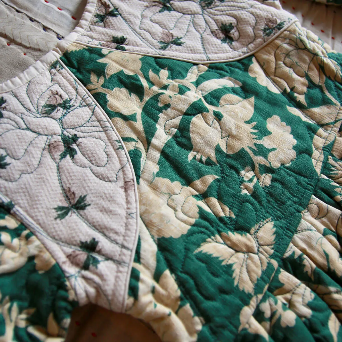 Quilted Dress Coat in Autumnal Green Flowers / Hazelnut by Bonjour