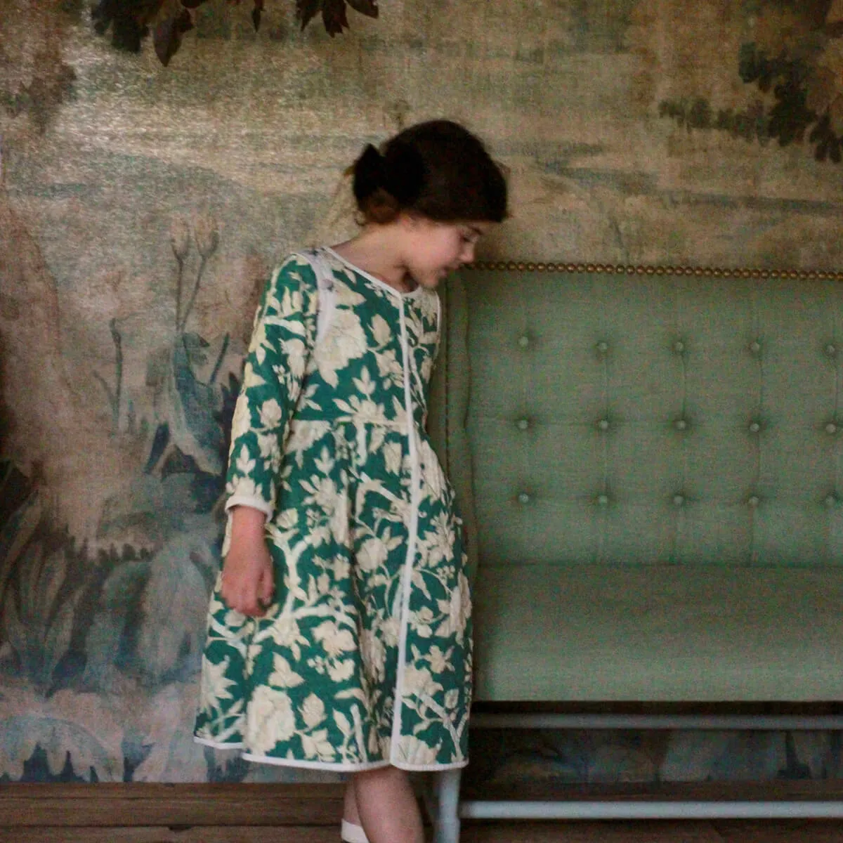 Quilted Dress Coat in Autumnal Green Flowers / Hazelnut by Bonjour