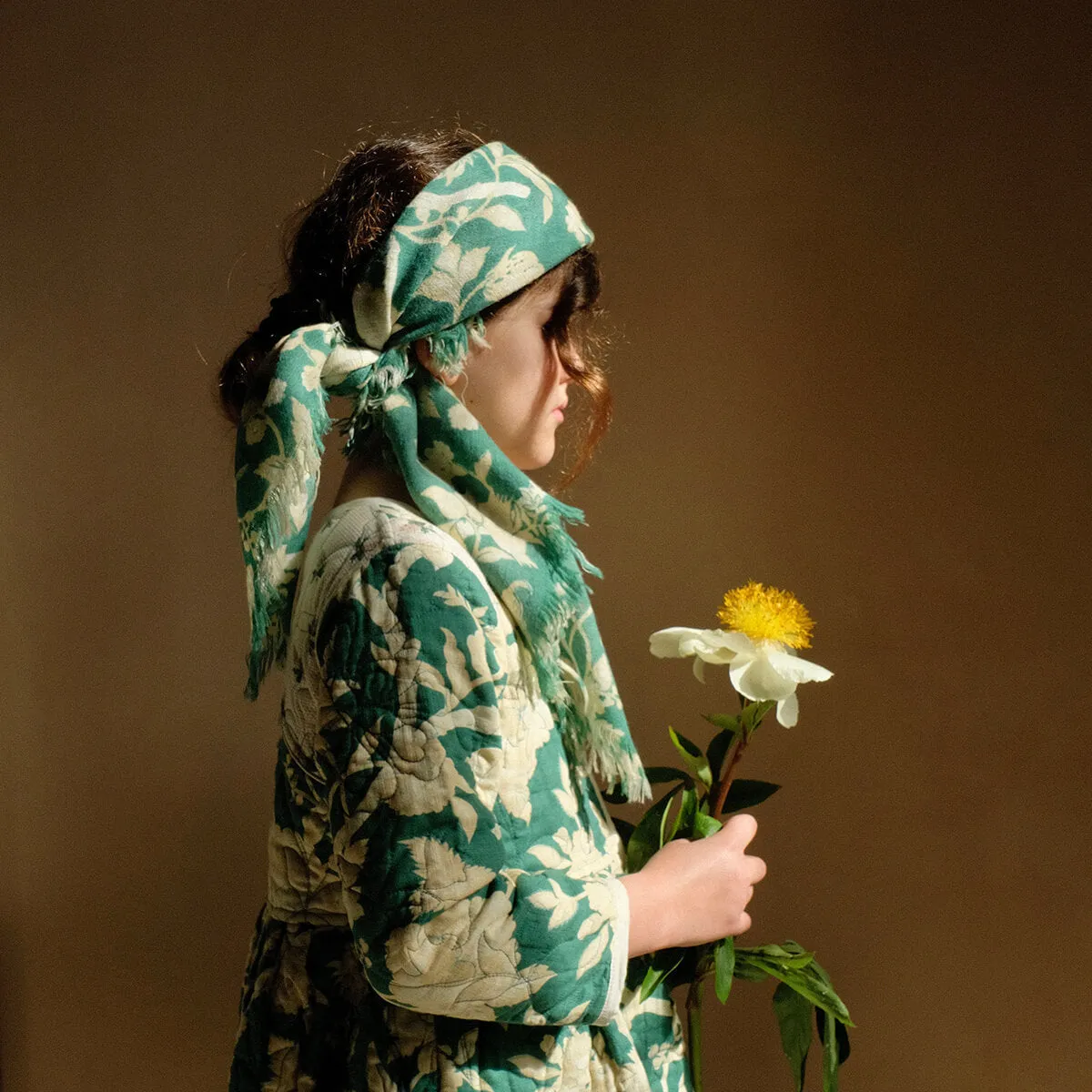Quilted Dress Coat in Autumnal Green Flowers / Hazelnut by Bonjour