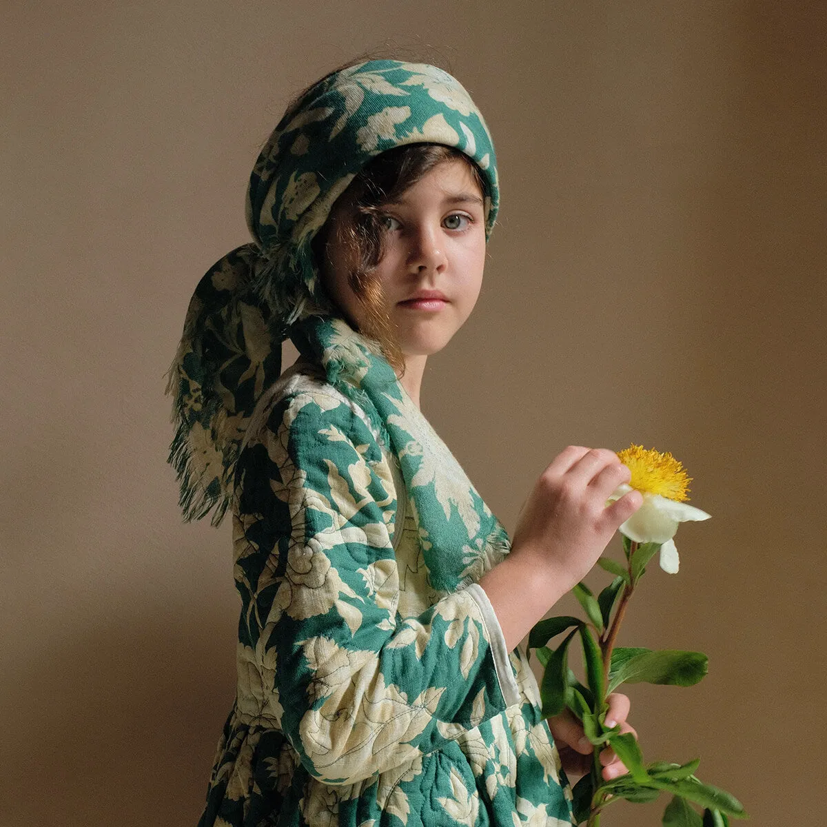 Quilted Dress Coat in Autumnal Green Flowers / Hazelnut by Bonjour