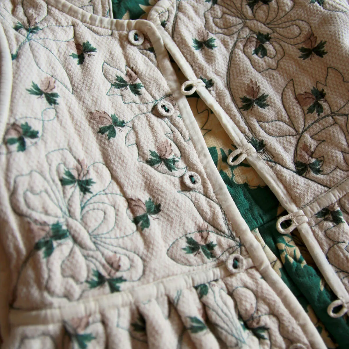 Quilted Dress Coat in Autumnal Green Flowers / Hazelnut by Bonjour