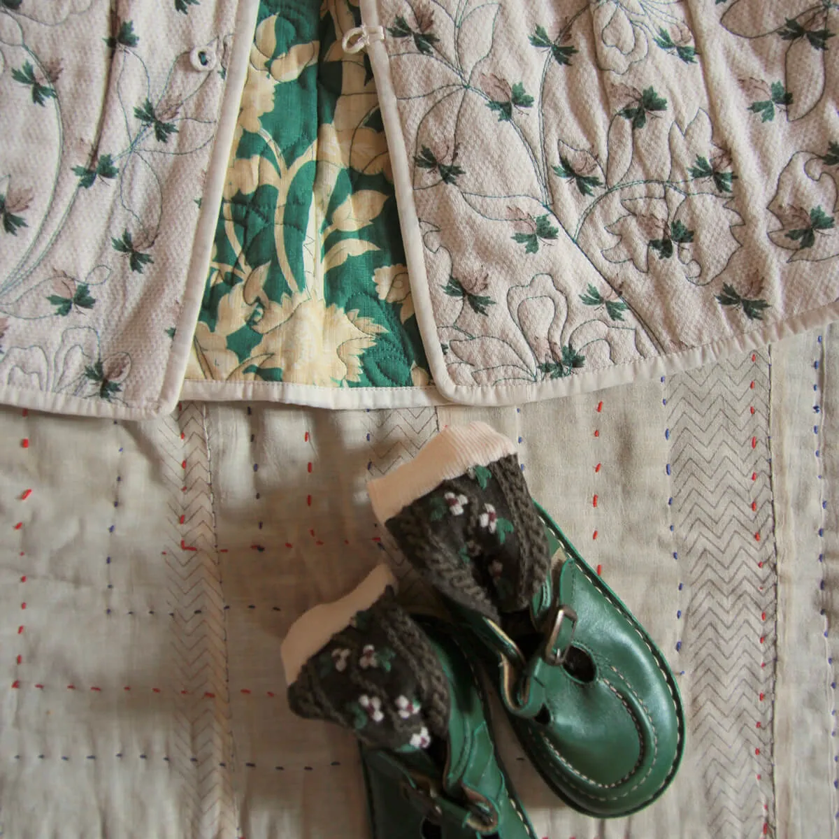 Quilted Dress Coat in Autumnal Green Flowers / Hazelnut by Bonjour