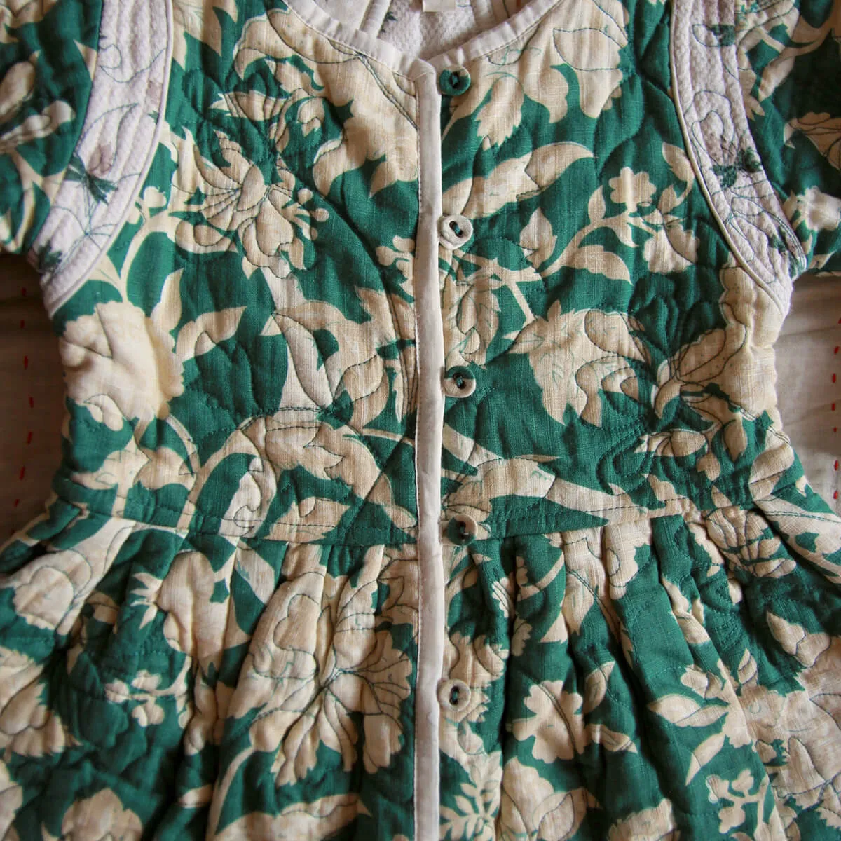 Quilted Dress Coat in Autumnal Green Flowers / Hazelnut by Bonjour