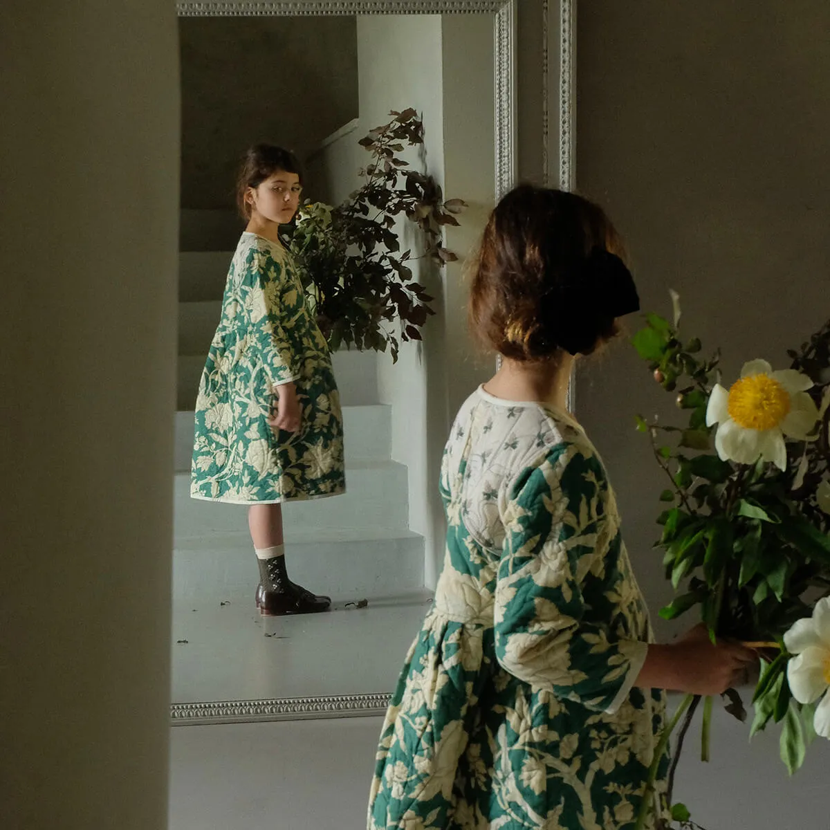 Quilted Dress Coat in Autumnal Green Flowers / Hazelnut by Bonjour