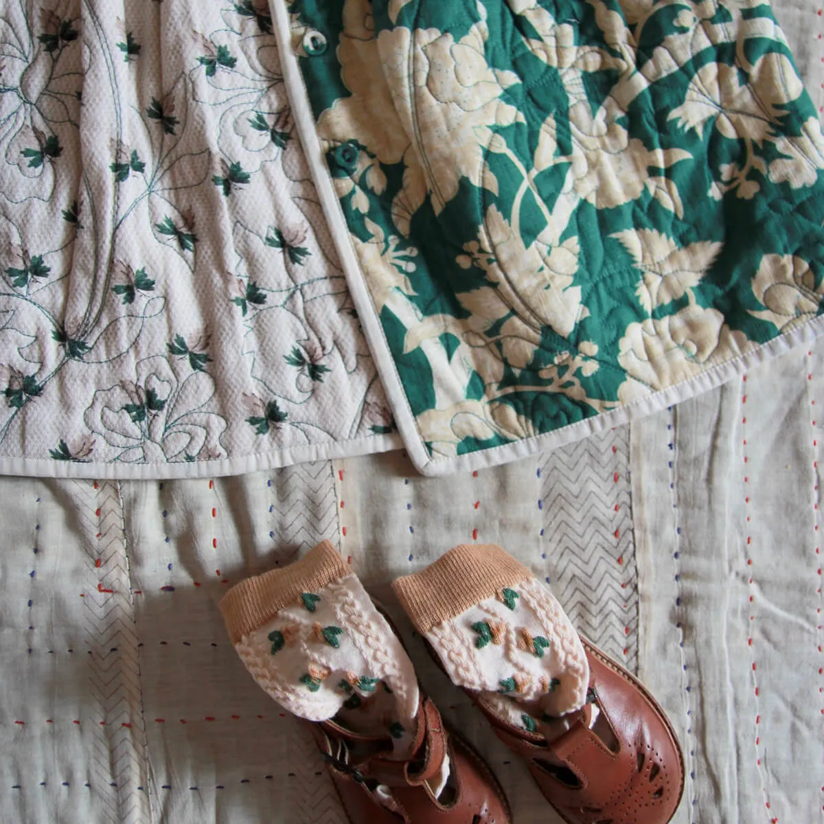 Quilted Dress Coat in Autumnal Green Flowers / Hazelnut by Bonjour