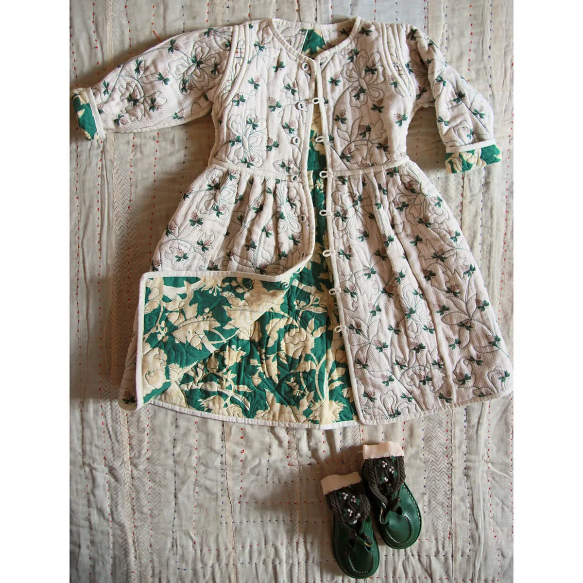 Quilted Dress Coat in Autumnal Green Flowers / Hazelnut by Bonjour