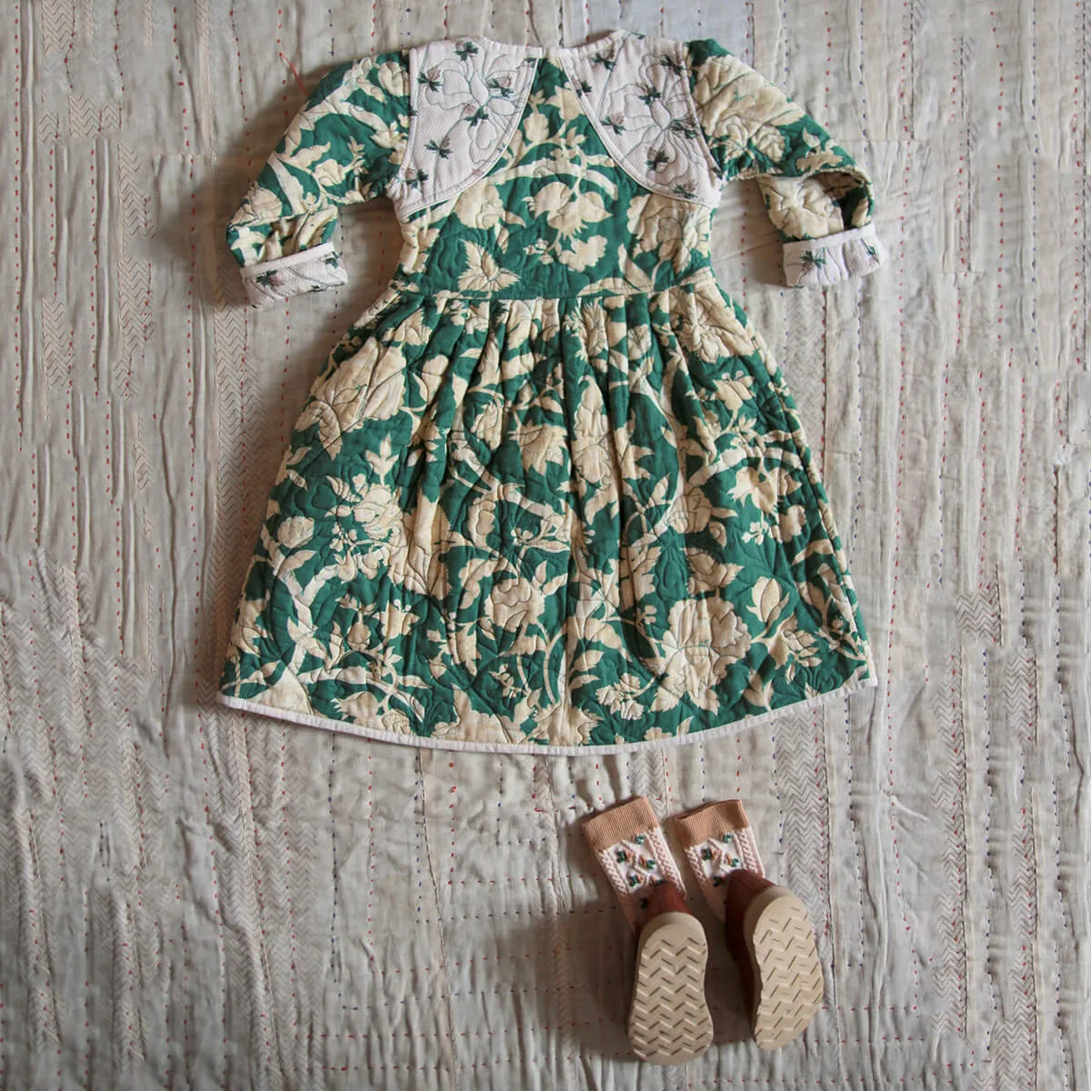 Quilted Dress Coat in Autumnal Green Flowers / Hazelnut by Bonjour