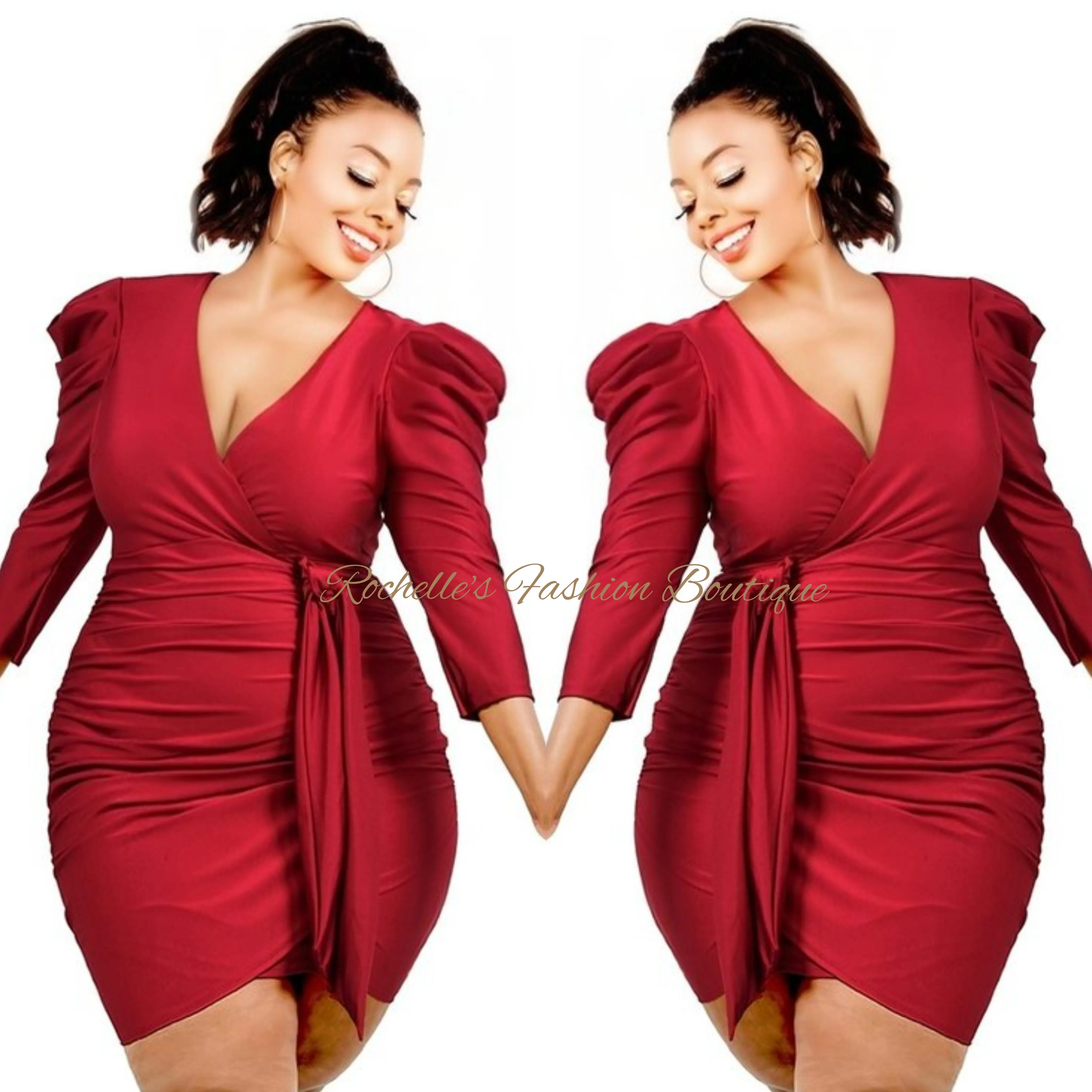 Red Plus Solid Puff Sleeve Dress