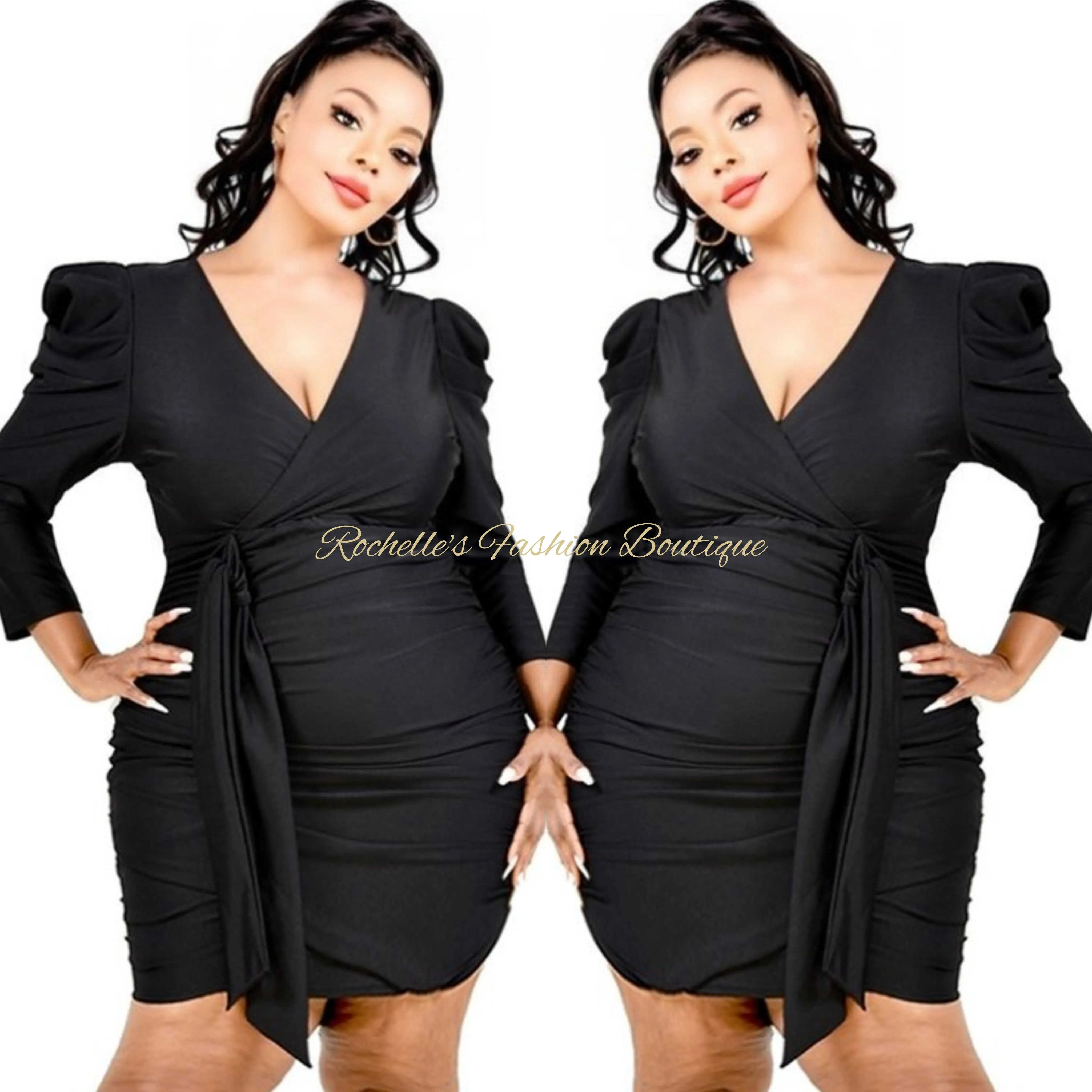 Red Plus Solid Puff Sleeve Dress