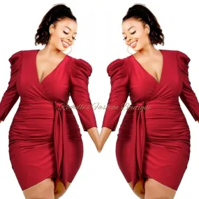 Red Plus Solid Puff Sleeve Dress