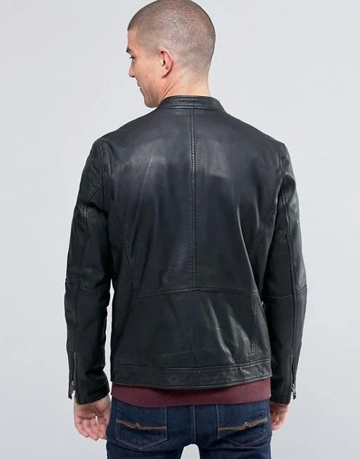 Rino Black Leather Jacket Men Biker Motorcycle Sheepskin