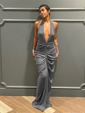 Ruched Halter Maxi Backless Dress