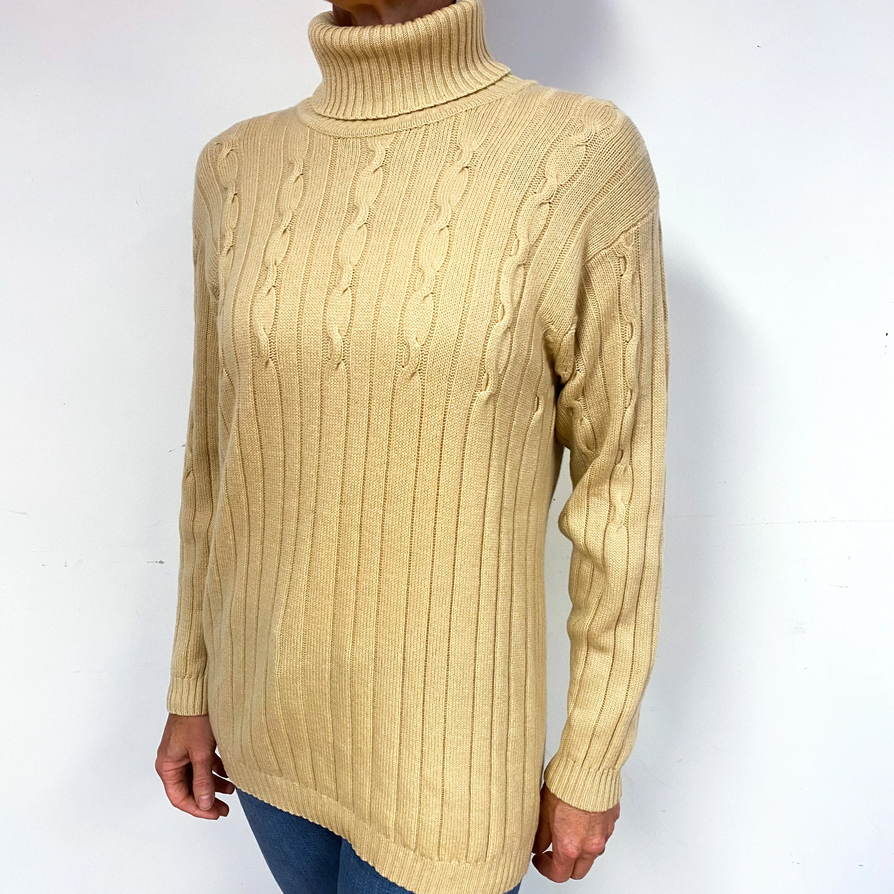 Sand Beige Longline Cashmere Polo Neck Jumper Medium