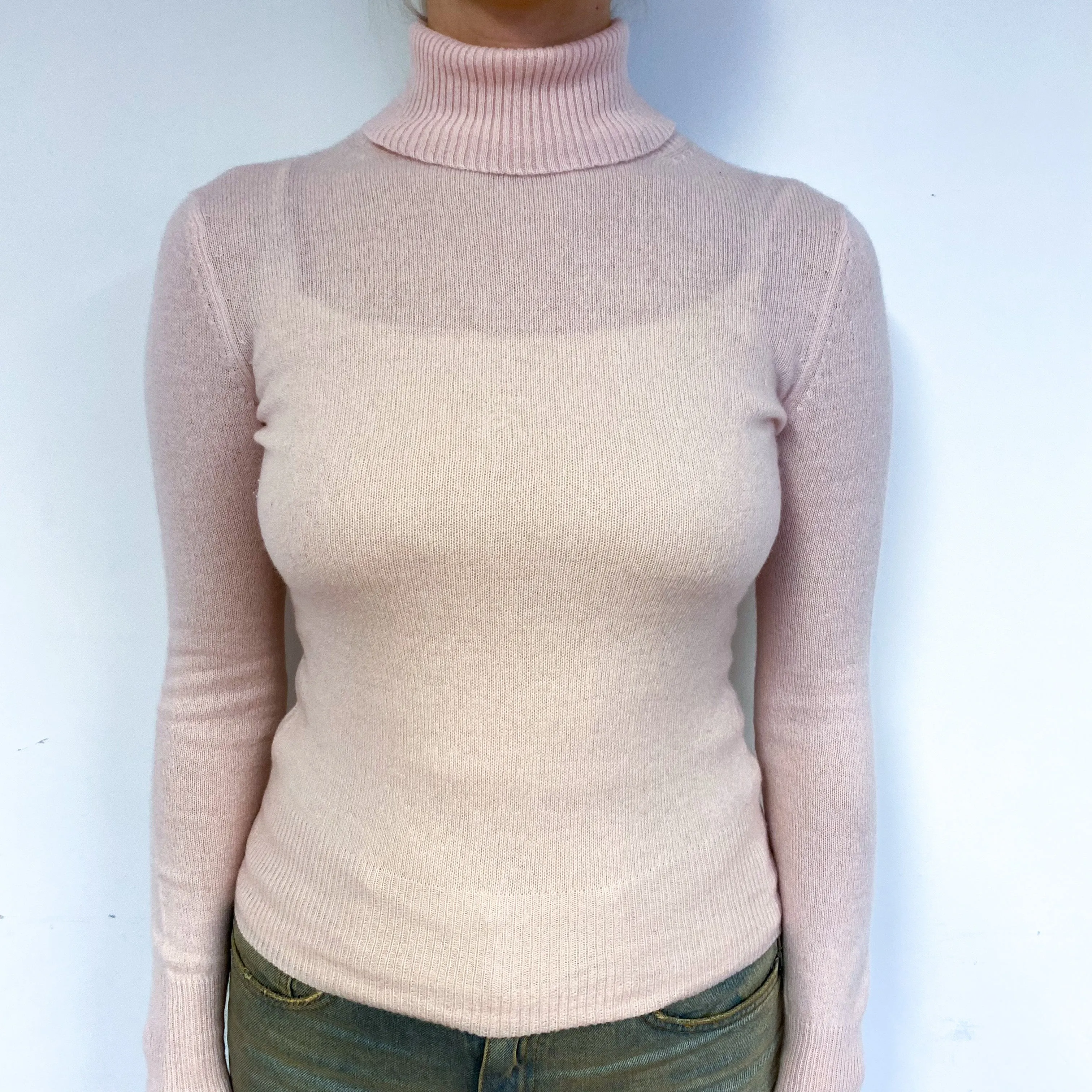 Shell Pink Lightweight Cashmere Polo Neck Jumper Small